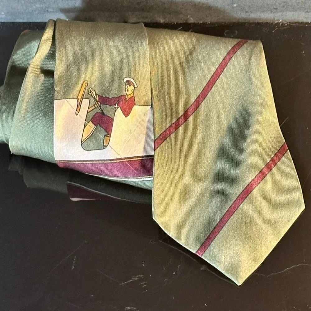 Claude Montana Silk Tie Retro Mid Century Modern Yacht Green Sailing Captain